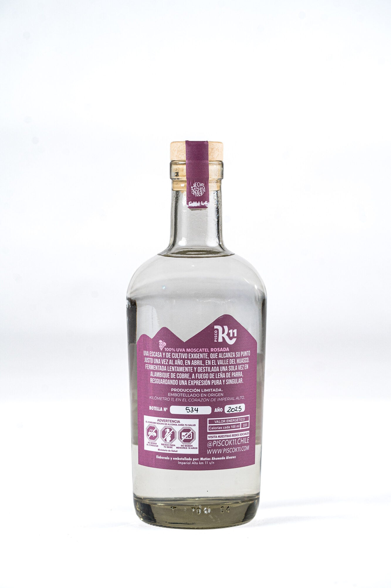 Contraetiqueta de Pisco K11 Moscatel Rosada, producción limitada, Valle del Huasco